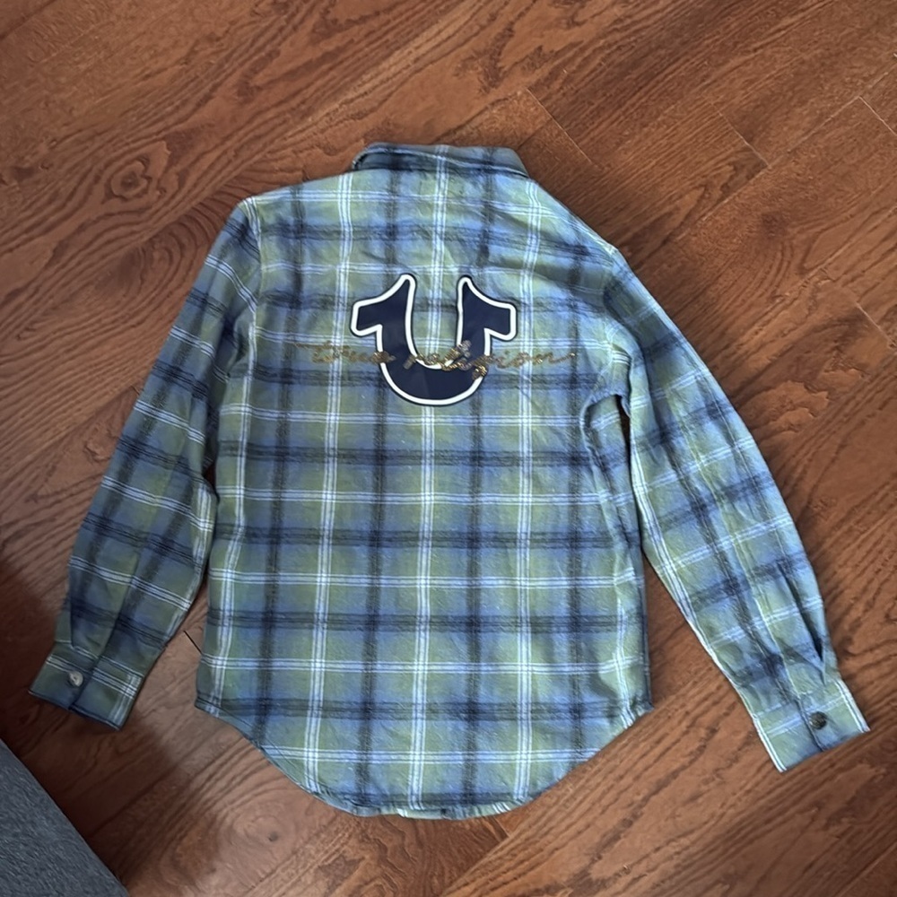TRUE RELIGION HS Brushed Flannel Womens Button Up Long Sleeve Iris Green Blue XS - Picture 3 of 9